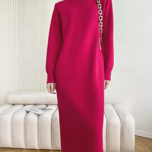 Load image into Gallery viewer, Women Rose Red Casual Midi Elegant Knitting Dress New Round Neck Long Sleeve Fashion Tide Spring Autumn 2025 1DH6450
