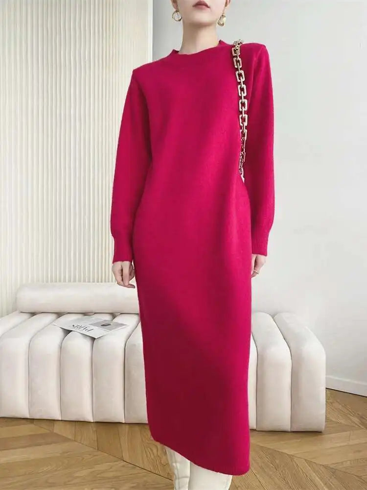 Women Rose Red Casual Midi Elegant Knitting Dress New Round Neck Long Sleeve Fashion Tide Spring Autumn 2025 1DH6450