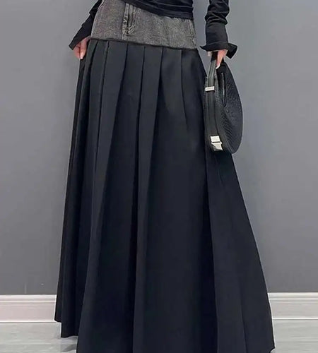 High Elastic Waist Blue Color-block Denim Pleated A-line Half-body Skirt Women Fashion Tide New Spring Autumn 2025 1DH2576