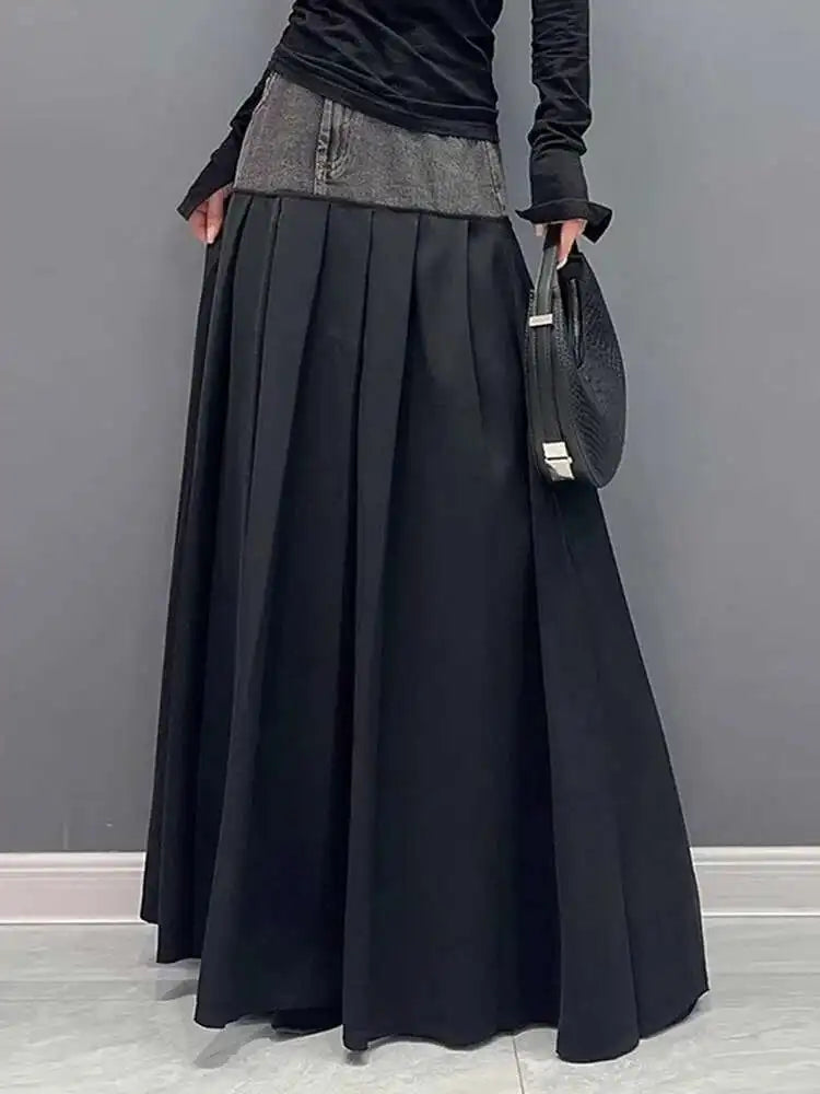 High Elastic Waist Blue Color-block Denim Pleated A-line Half-body Skirt Women Fashion Tide New Spring Autumn 2025 1DH2576