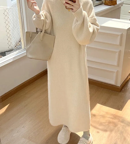 Fall Winter Knit Rib Wrap Midi Pencil Dress For Women Casual Simple Style Long Sleeve Turtleneck Sweater Dresses For Women 2023