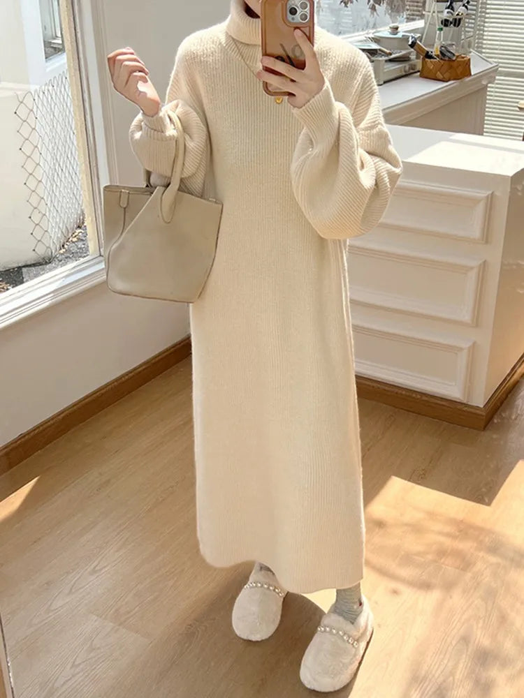 Fall Winter Knit Rib Wrap Midi Pencil Dress For Women Casual Simple Style Long Sleeve Turtleneck Sweater Dresses For Women 2023