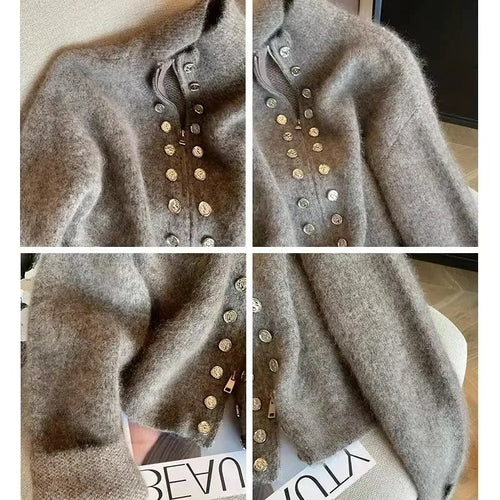 Load image into Gallery viewer, Vintage 2024 New Grey Elegant Double Breasted Stand Collar Zipper Knitted Sweater Women Autumn Winter Long Sleeve Cardigan Tops
