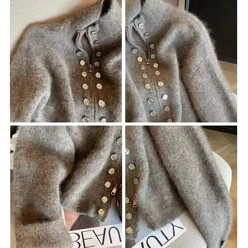 Vintage 2024 New Grey Elegant Double Breasted Stand Collar Zipper Knitted Sweater Women Autumn Winter Long Sleeve Cardigan Tops