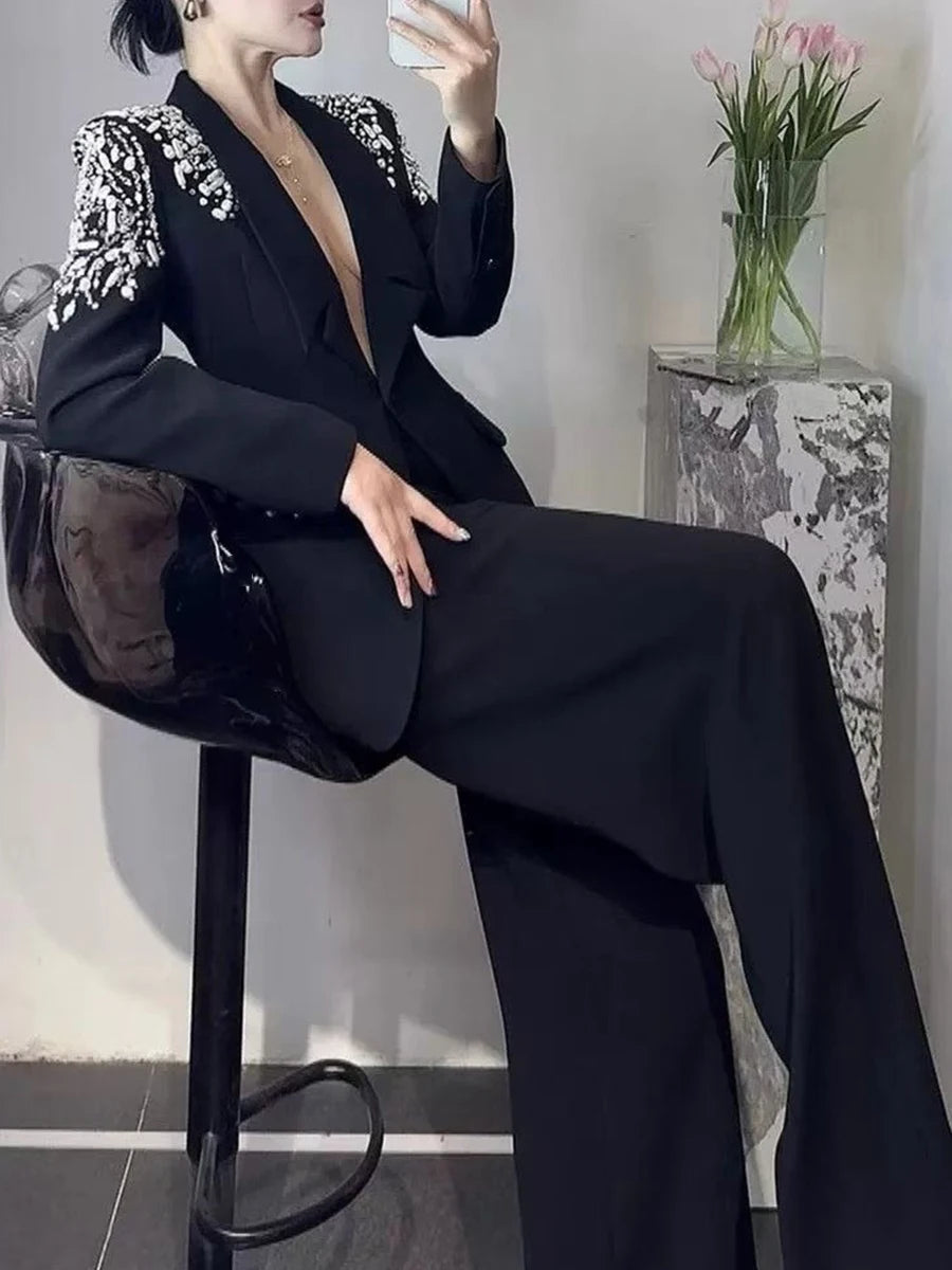 Temperament Two Piece Sets for Women Lapel Long Sleeves Spliced Bead Blazer High Waist Pant Elegant Set Female New
