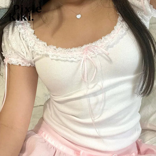 Load image into Gallery viewer, Bow Tie Lace Trim Puff Sleeve T Shirts Women Y2k Summer White Ribbed Crop Top Kawaii Teen Girl Clothes P67-CE15
