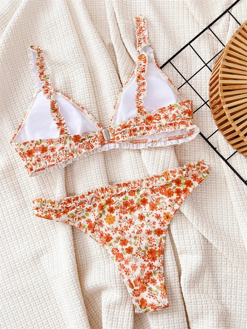 Floral Halter Bikini 2024 Sexy Push Up Swimwear Women Brazilian Swimsuit Thong Biquini High Cut Bathing Suit