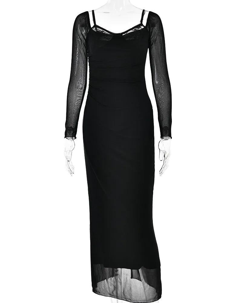 Long Sleeve Mesh Patchwork Lace Double Layer Women Sexy Solid Midi Dress For Ladies Autumn Party Clubwear Long Dress