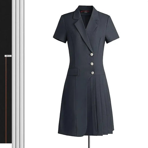 Load image into Gallery viewer, Korean Solid Office Professional Workwear Blazer Dress For Women 2024 Summer Short-sleeve Single Breasted Festival Pleated Dress
