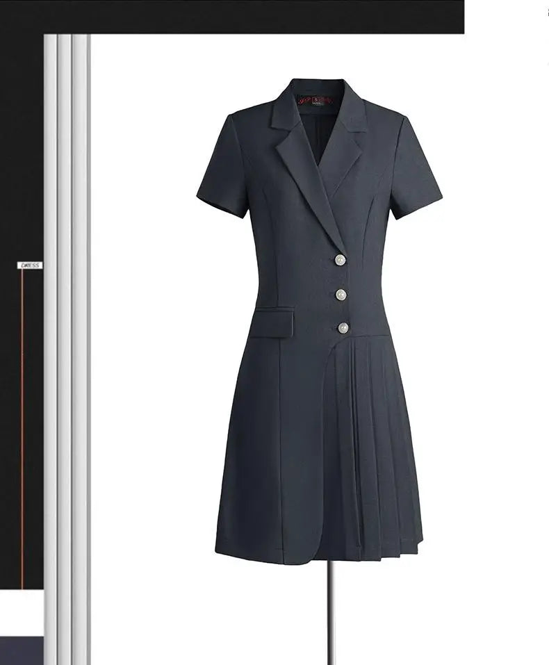 Korean Solid Office Professional Workwear Blazer Dress For Women 2024 Summer Short-sleeve Single Breasted Festival Pleated Dress