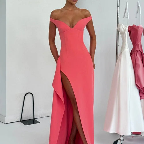 Load image into Gallery viewer, Off-shoulder Backless Split Sexy Maxi Dress Women Gown Pink Summer New Zipper Strapless Evening Club Party Long Dress
