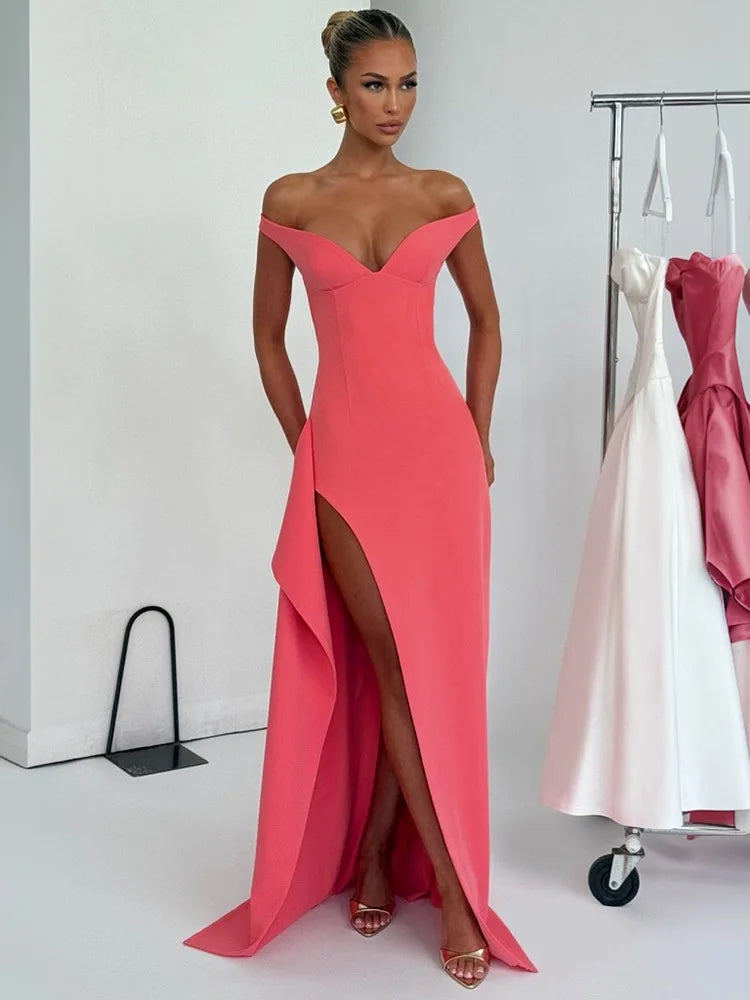 Off-shoulder Backless Split Sexy Maxi Dress Women Gown Pink Summer New Zipper Strapless Evening Club Party Long Dress