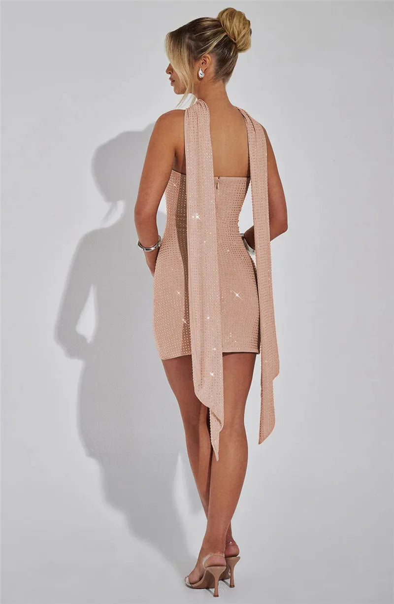 Sequins Backless Sexy Mini Dress For Women Robe Elegant Sparkle Scarf Collar Strapless Sleeveless Bodycon Club Dress