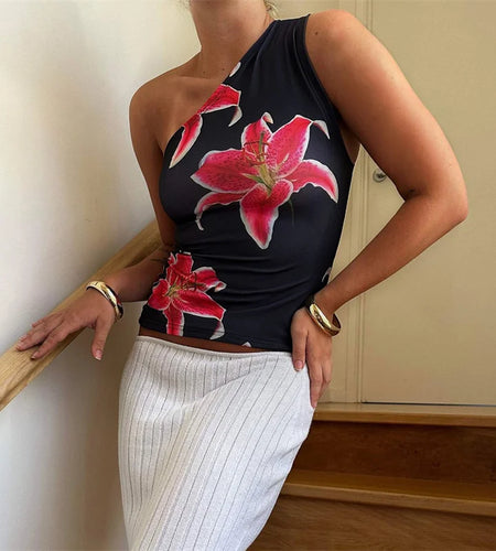 One Shoulder Tank Top for Women Floral Print Sleeveless Backless Vest Cropped T Shirt y2k Aesthetic Clothing Streetwear