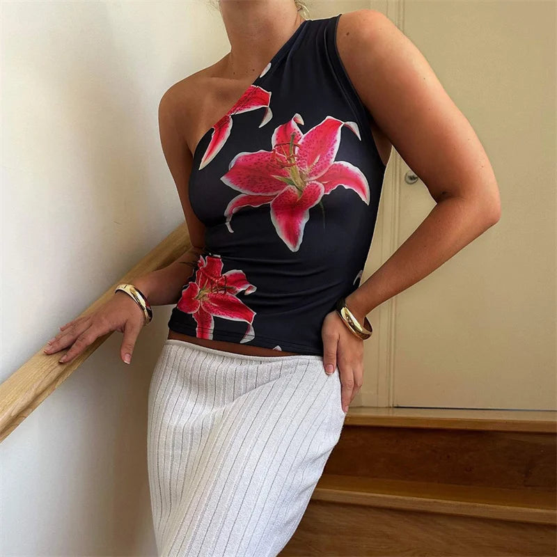 One Shoulder Tank Top for Women Floral Print Sleeveless Backless Vest Cropped T Shirt y2k Aesthetic Clothing Streetwear