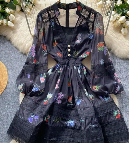 French Retro Women Black White Print Lace Patchwork Elegant Slim Long Sleeve Short Dress And Slip Dresses New Spring Autumn Boho