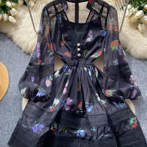 Load image into Gallery viewer, French Retro Women Black White Print Lace Patchwork Elegant Slim Long Sleeve Short Dress And Slip Dresses New Spring Autumn Boho
