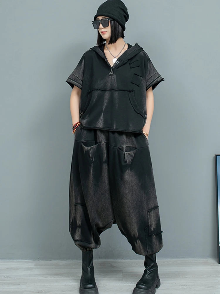 Big Size Sweatshirt Cross Pants Two Piece Suit New Hooded Short Sleeve Women Fashion Tide Spring Autumn 2025  1DH9474