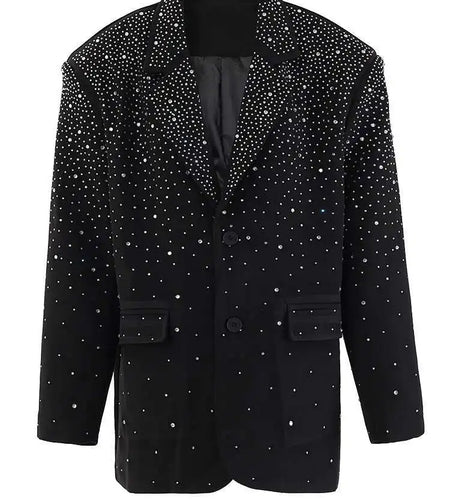 Women Black Rhinestones Shining Big Size Elegant Blazer New Lapel Long Sleeve Jacket Fashion Spring Autumn 2025 CPG2248