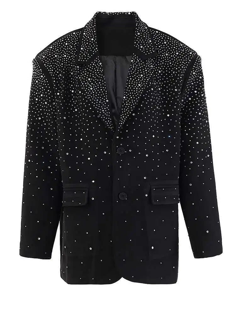Women Black Rhinestones Shining Big Size Elegant Blazer New Lapel Long Sleeve Jacket Fashion Spring Autumn 2025 CPG2248