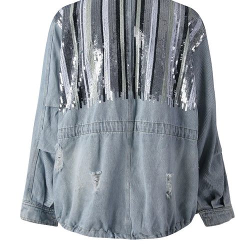 Load image into Gallery viewer, Blue Denim Sequins Drawstring Big Size Jacket New Stand Collar Long Sleeve Women Coat Fashion Spring Autumn 2025 29L8081
