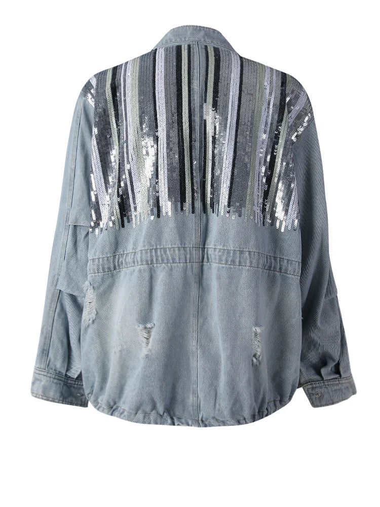 Blue Denim Sequins Drawstring Big Size Jacket New Stand Collar Long Sleeve Women Coat Fashion Spring Autumn 2025 29L8081