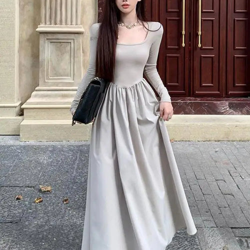 Load image into Gallery viewer, Beige Square Neck Elegant Pleated Dress Women Black Long Sleeve Party Fairy Dress Vintage Autumn 2023 Korean Fashion Popular New

