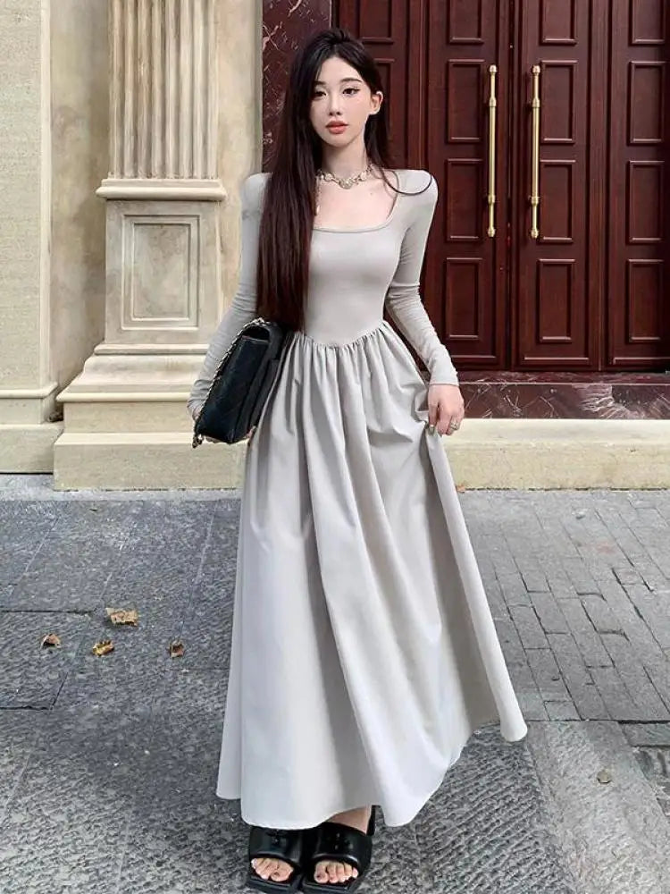 Beige Square Neck Elegant Pleated Dress Women Black Long Sleeve Party Fairy Dress Vintage Autumn 2023 Korean Fashion Popular New