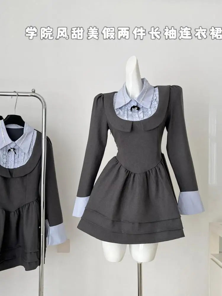 French 2025 Women Grey Patchwork Elegant Long Sleeved Button High Waist Short Dress Spring Autumn College Style Pleated Dresses