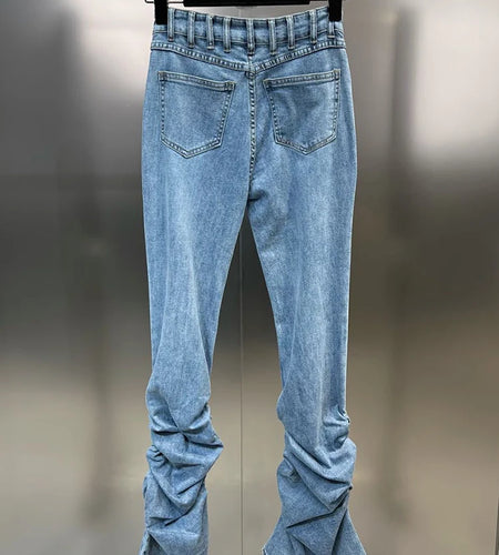 Temperament Jeans For Women High Waist Patchwork Button Casual Slim Wide Leg Pants Female Fashion Clothing