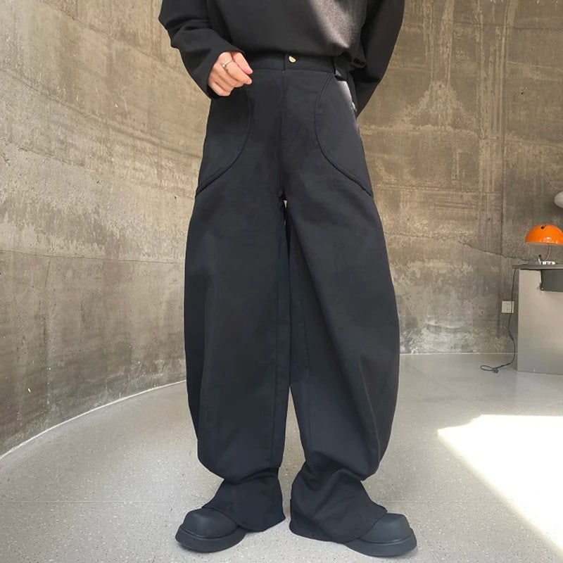 Korean Style Men's Flare Pants Personality Casual Solid Color Straight Leg Pocket Male Lantern Trousers Spring 2024 9C4002
