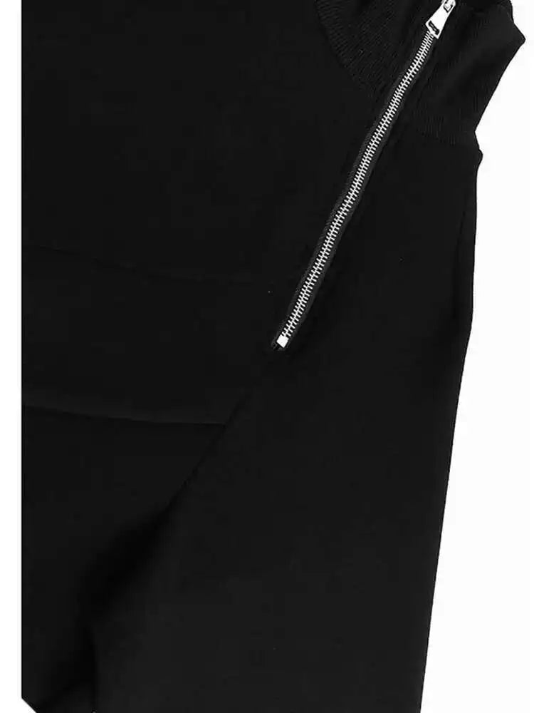 Black Irregular Hem Zipper Sweatshirt New Turtleneck Long Sleeve Women Big Size Fashion Tide Spring Autumn 2025 1DH7190