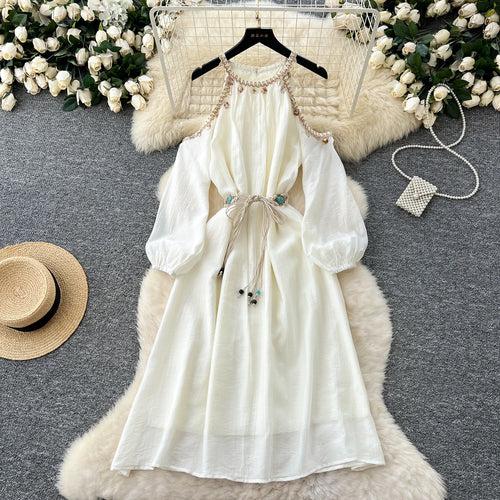 Load image into Gallery viewer, French Women Beige Elegant Long Sleeved Lace-up Pleated Dresses Spring High Waist Sexy Off Shoulder Vacation Party Dress Popular
