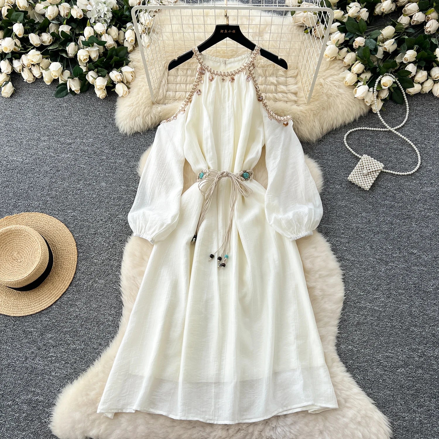 French Women Beige Elegant Long Sleeved Lace-up Pleated Dresses Spring High Waist Sexy Off Shoulder Vacation Party Dress Popular