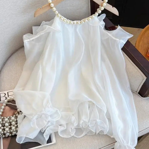 Load image into Gallery viewer, Spring Women White Flower Decorate Versatile Long Sleeve Pearls O Neck Blouse Simple Beige Off Shoulder Ruffles Shirt Clothes
