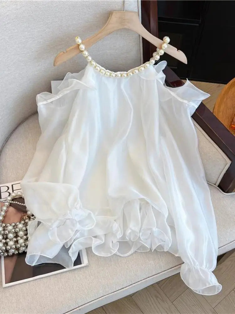 Spring Women White Flower Decorate Versatile Long Sleeve Pearls O Neck Blouse Simple Beige Off Shoulder Ruffles Shirt Clothes