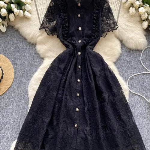 Load image into Gallery viewer, Summer French Retro Solid Elegant Lace Embroidery Single Breasted Temperament Long Dress Women Evening Party Princess Dress Chic

