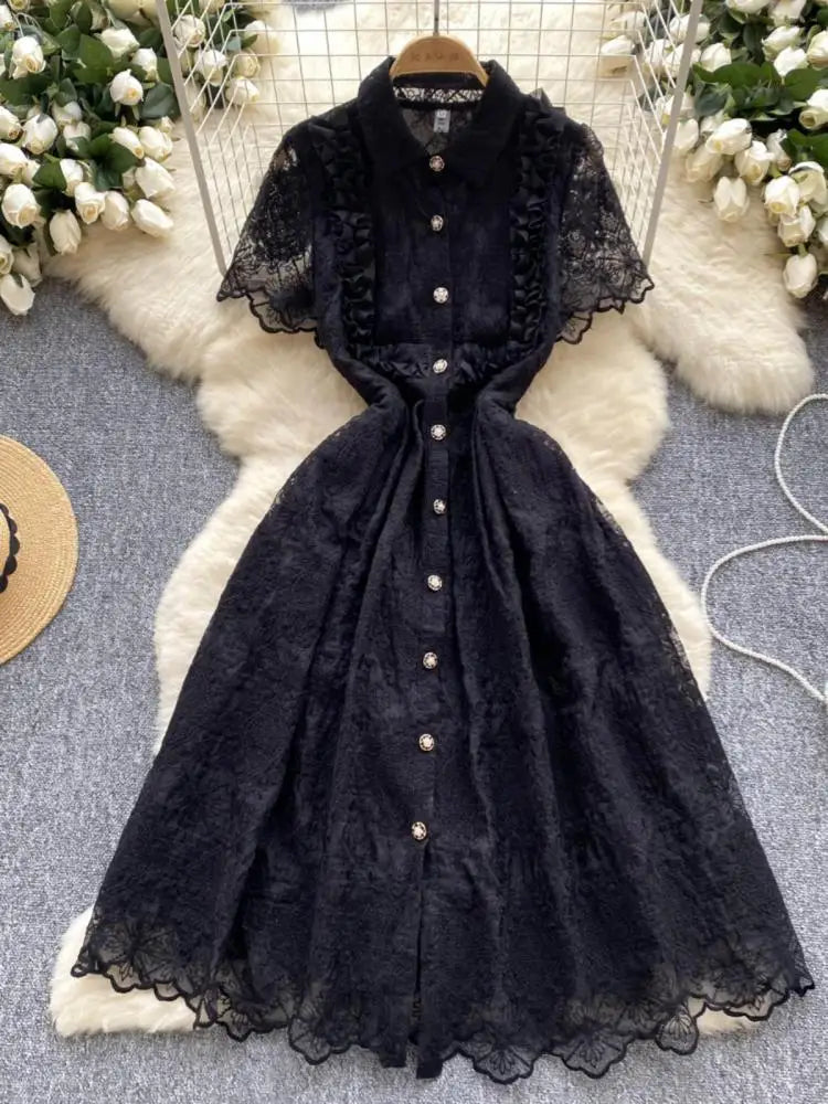Summer French Retro Solid Elegant Lace Embroidery Single Breasted Temperament Long Dress Women Evening Party Princess Dress Chic
