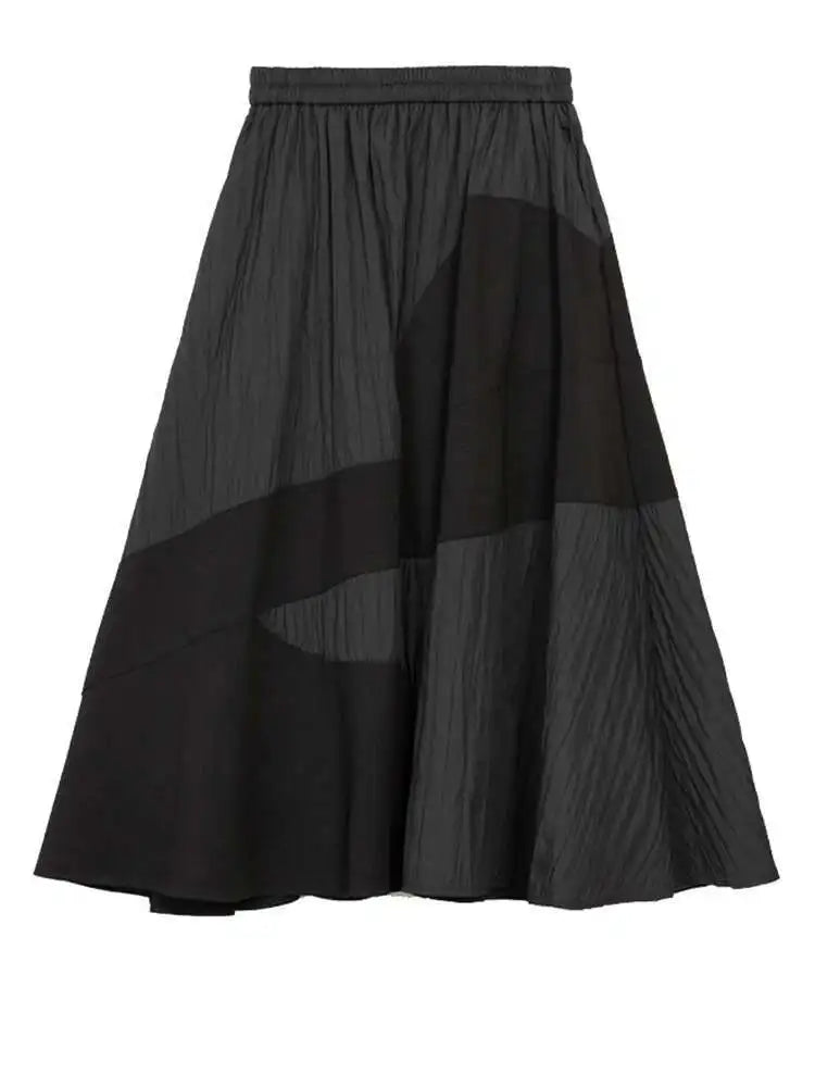 High Elastic Waist Black Color-block Pleated A-line Half-body Skirt Women Fashion Tide New Spring Autumn 2025 1DH7645