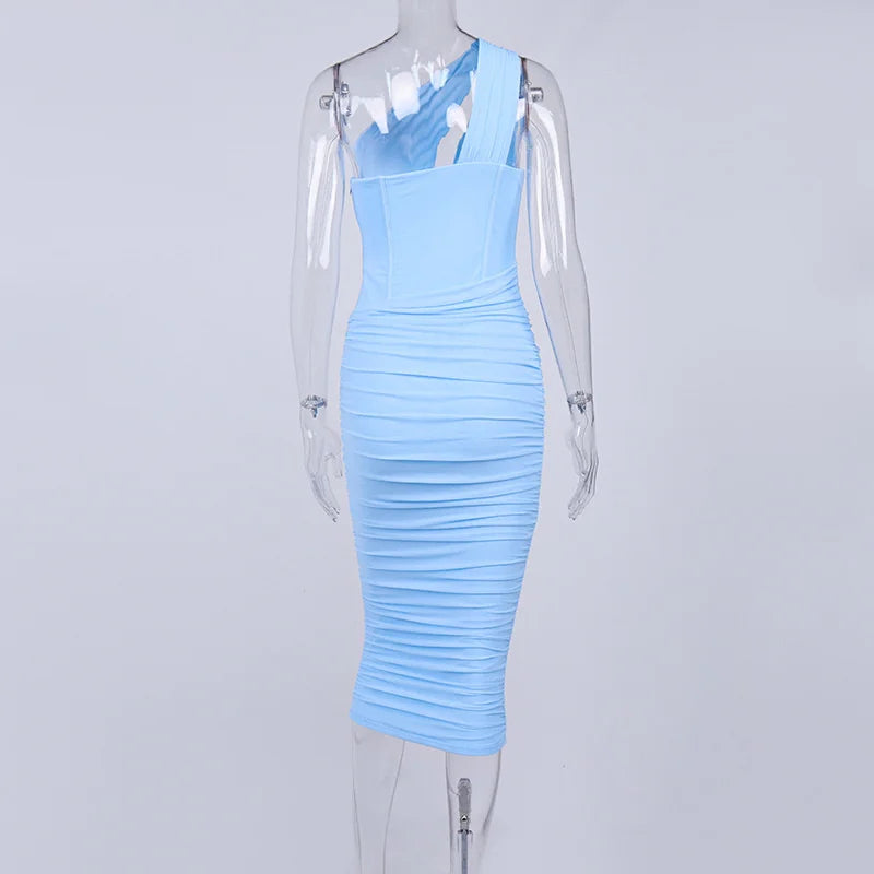 High Quality Mesh One Shoulder Backless Midi Dress For Women Fashion Hollow Out Sleeveless Ruched Long Dress Vestido