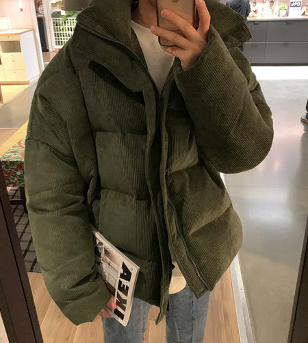 Korean Version Winter Corduroy Men's Padded Jackets Loose Cotton Thick Stand Collar Solid Color Casual Male Coats 9C8994