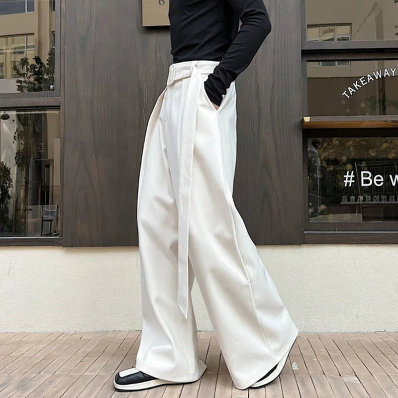 Men's Woolen Trousers Autumn Winter Fashionable Wide Leg Pants Loose Casual Belt Niche Design Trend Male Baggy 9C2755