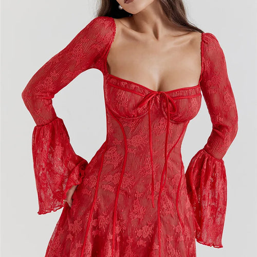 Load image into Gallery viewer, Lace Print Long Flare Sleeve Sexy Maxi Dress For Women Fashion Square Collar Backless Bodycon Club Party Sexy Dress
