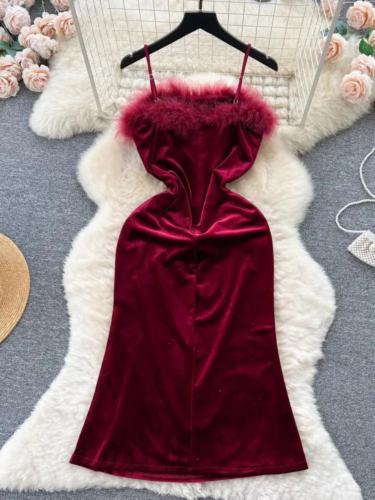 French Red Sexy Elegant Hairy Patchwork Velvet Slip Dress Spring Summer Vintage Black Evening Party Club Midi Dress Women Simple