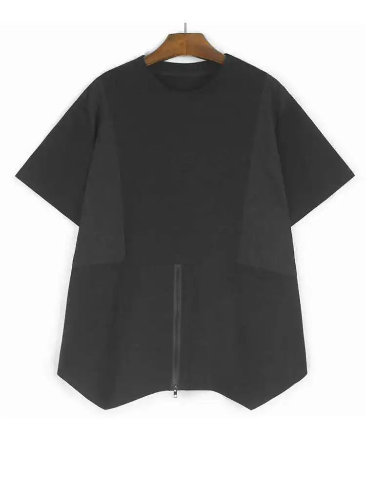 Women Green Plaid Color-block Zipper Big Size T-shirt New Round Neck Short Sleeve Fashion Tide Spring Summer 2025 1DJ0860