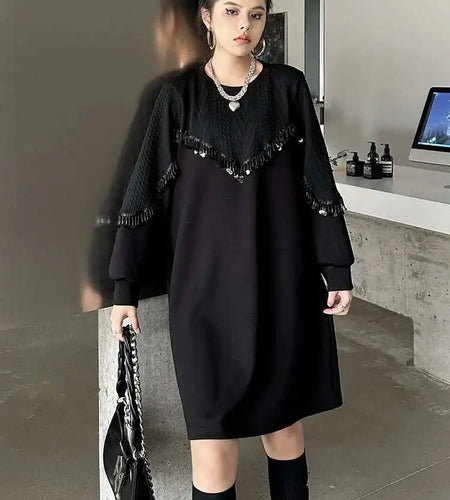 Women Black Sequins Big Size Knee-Length Casual Dress New Round Neck Long Sleeve Fashion Tide Spring Autumn 2025 1DH8736