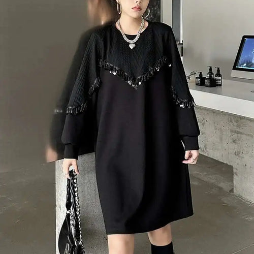 Load image into Gallery viewer, Women Black Sequins Big Size Knee-Length Casual Dress New Round Neck Long Sleeve Fashion Tide Spring Autumn 2025 1DH8736
