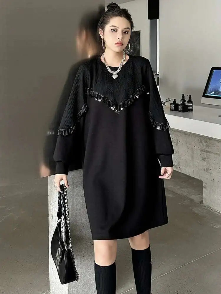 Women Black Sequins Big Size Knee-Length Casual Dress New Round Neck Long Sleeve Fashion Tide Spring Autumn 2025 1DH8736