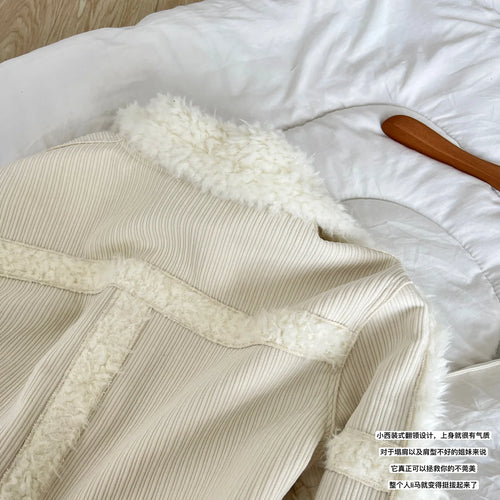 Load image into Gallery viewer, Korean Women Beige Spliced Lamb Wool Short Jacket Winter Elegant Long Sleeve Loose Lapel Warm Cardigan Coat New Lady Thick Trend
