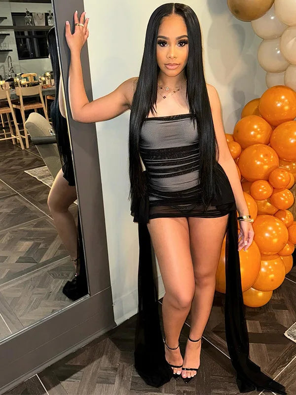 Summer New Sleeveless Bra Strap Short Women Slim Fit Sexy Dress Mesh Spliced Mini Dress Female Party Evening Dress